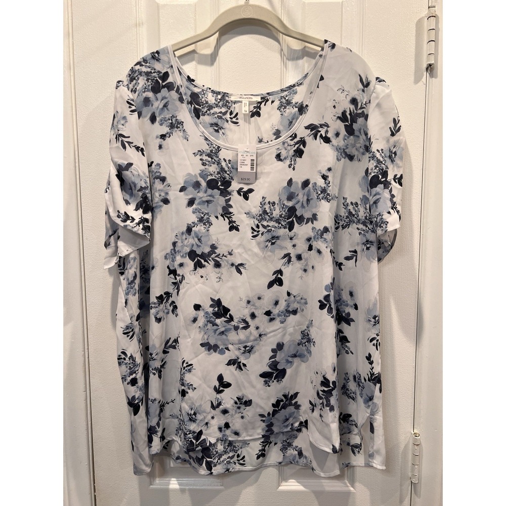 Maurices Blouse Top NWT Blue White Floral Scoop Neck Ruched Gathered Sleeve 1X